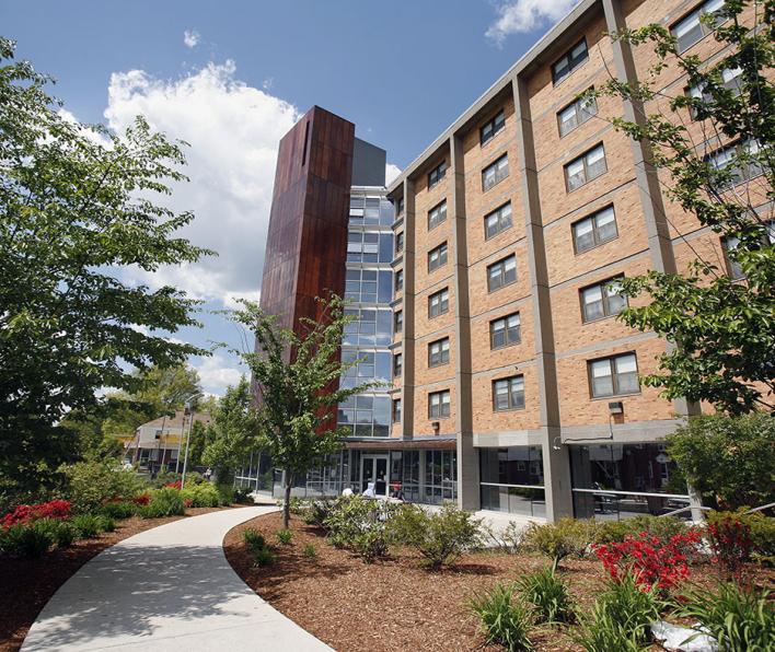 A horizontal picture of Bowditch a freshmen residence hall
