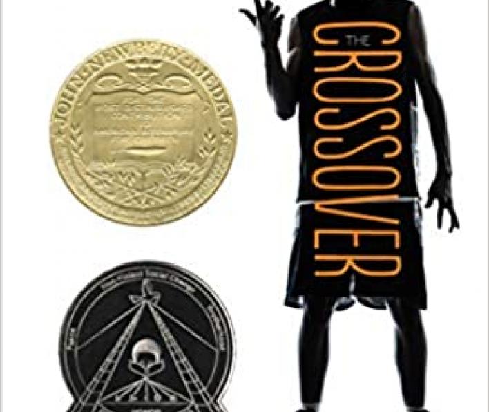 Cover image is a white background with a photograph of a boy in basketball shorts, a jersey, and sneakers twirling a graphic image of a basketball on one finger. The boy is in shadow and the word CROSSOVER is written in orange down the center of his torso. At the top of the page is says Bold! Explosive! I love The Crossover. Everyone will. Nikki Giovanni. The graphic image of the basketball is made up of words: is sizzling, my sweats, that cuz. The author is Kwame Alexander