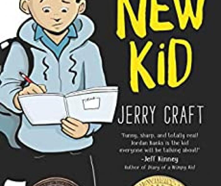 The left third of the cover is a white background and the right two thirds is black. There is a cartoon drawing of a boy wearing a grey hoodie over a blue collared shirt, carrying a backpack, and writing in a journal. He is wearing black track pants. On the black side of the cover are the words: Middle School is hard enough without being the... Then in larger, yellow letters it says New Kid. Below that is Jerry Craft. 