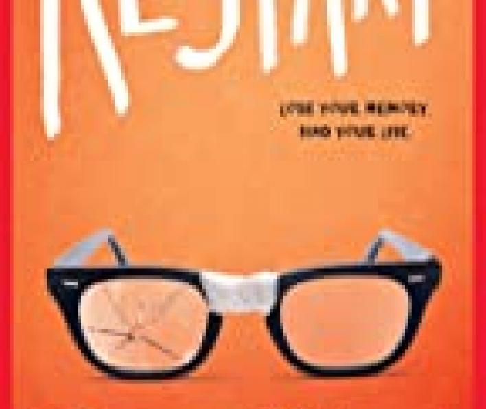 This is an ombre orange cover shading from light orange at the top to darker orange below. The word Restart is written in large white letters at the top. In small dark letters below the ART letters of the title it says Lose your memory. Find your life. Centered below that is a pair of black rimmed classes with tape across the bridge and the left lens cracked. Below that is the author's name: Gordon Korman. Below the author it says #1 Bestselling Author of Swindle and Slacker.