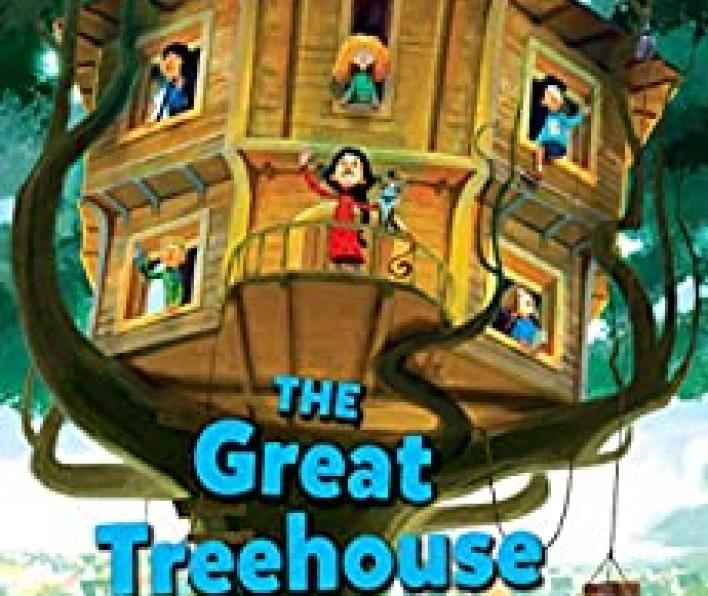A cartoon image of a large tree with a huge, round, wooden treehouse with windows and a porch. There is a girl in a read dress with a dog waving from the porch. There are children looking out of each of the other five windows. A shelf on a pully suspends a few packages. Nailed planks up the trunk of the tree make a ladder. Lisa Graff is in large yellow letters at the top. The Great Treehouse War is in large blue letters in the lower third. Below Lisa Graff it says: Author of the National Book Award Nominee 