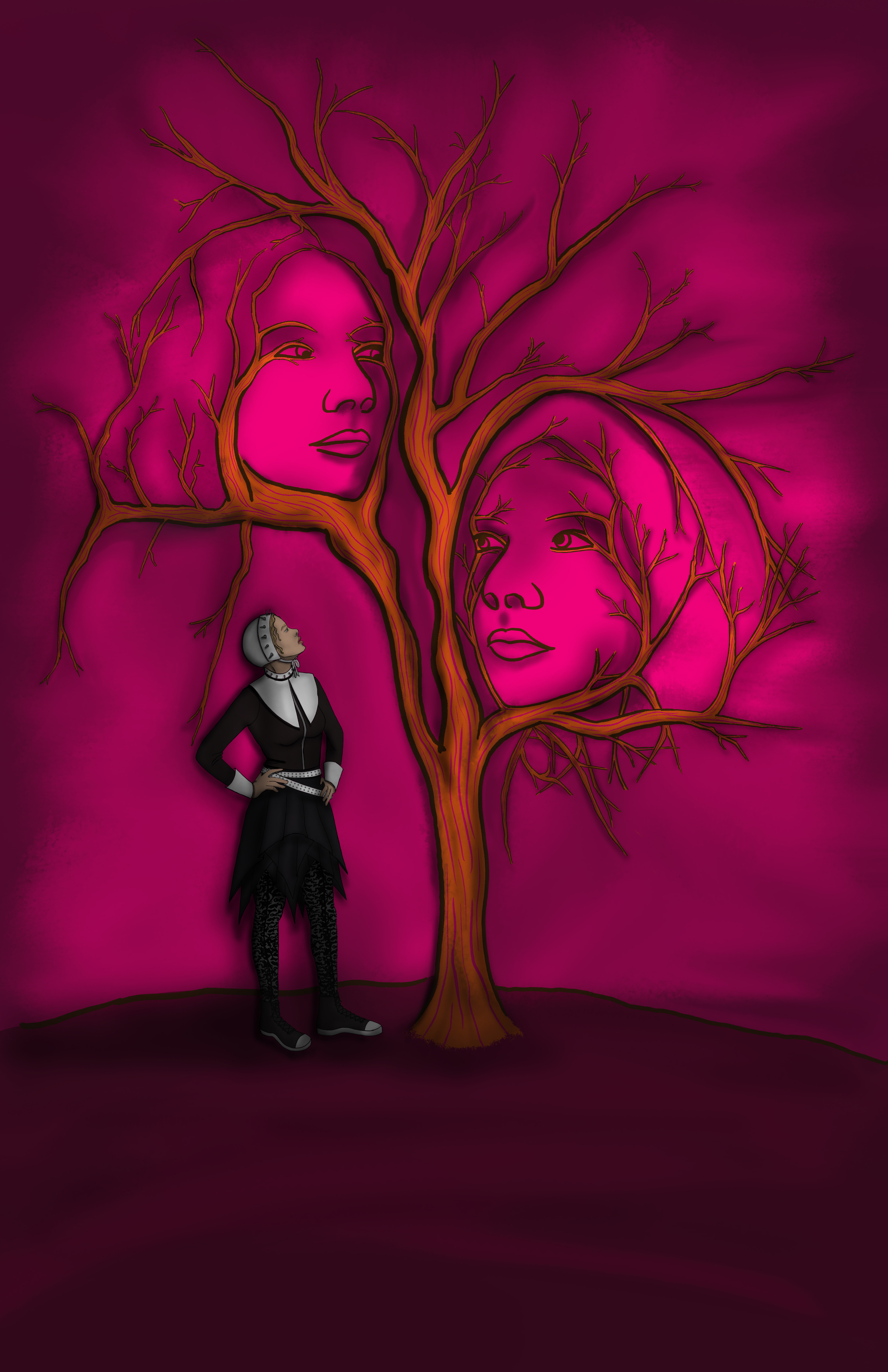 Tree with women's heads in the branches and figure in black looking at them