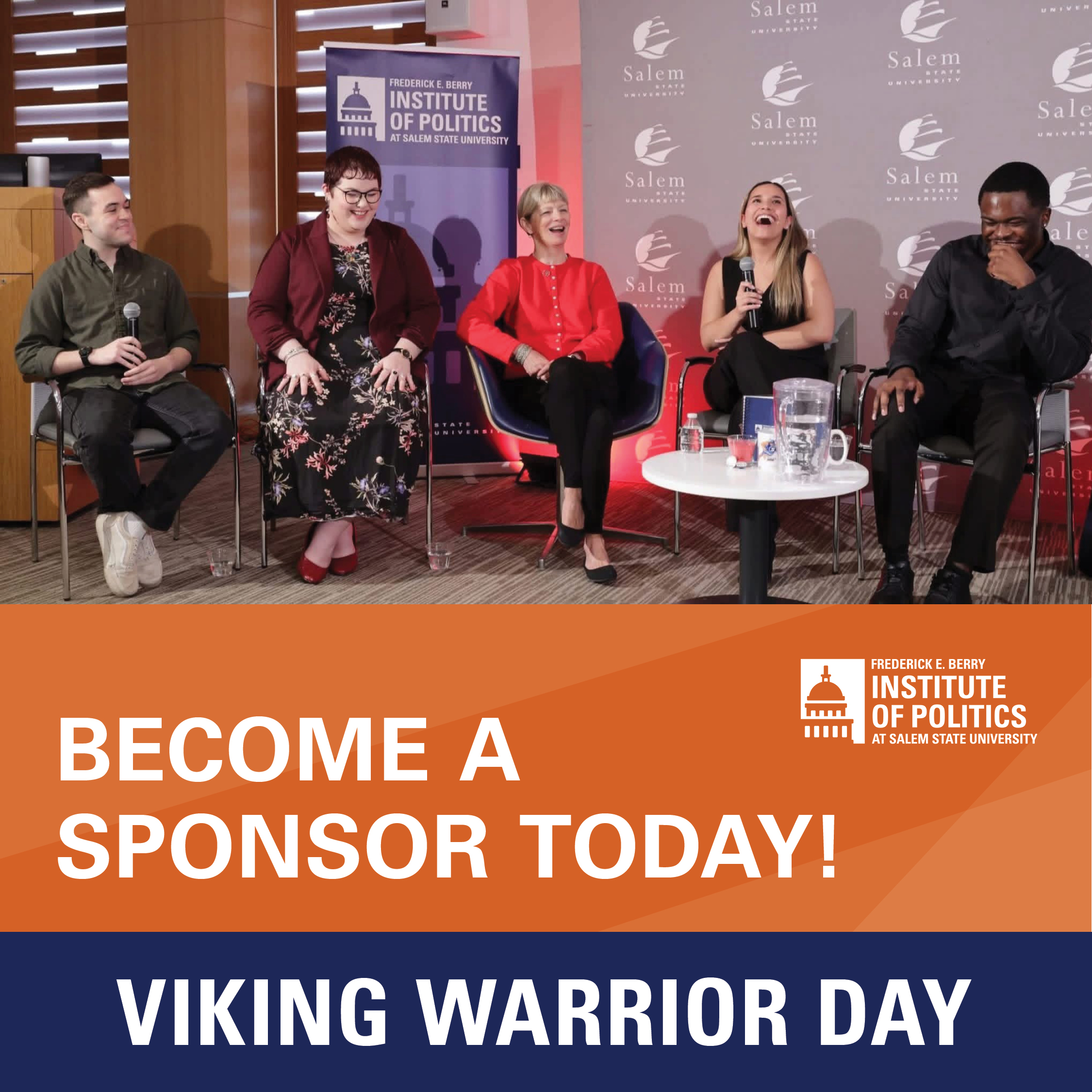 Group of panelists with "Become a Sponsor Today!' and "Viking Warrior Day" Text