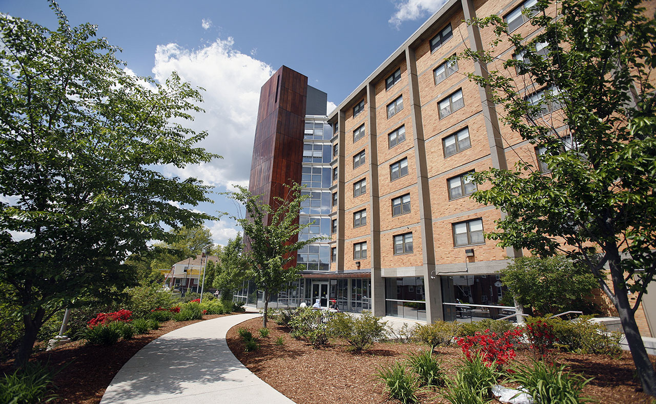 A horizontal picture of Bowditch a freshmen residence hall
