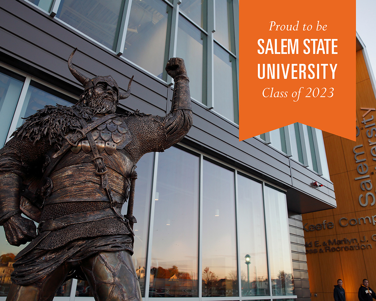 Viking Statue with banner text: Proud to be Salem State University Class of 2023