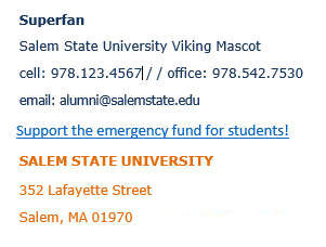 Superfan Salem State University Viking Mascot celll: 978.123.4567 // office 978.542.7530 email: alumni@salemstate.edu Support the emergency fund for students Salem State University 352 Lafayette Street Salem MA 01970