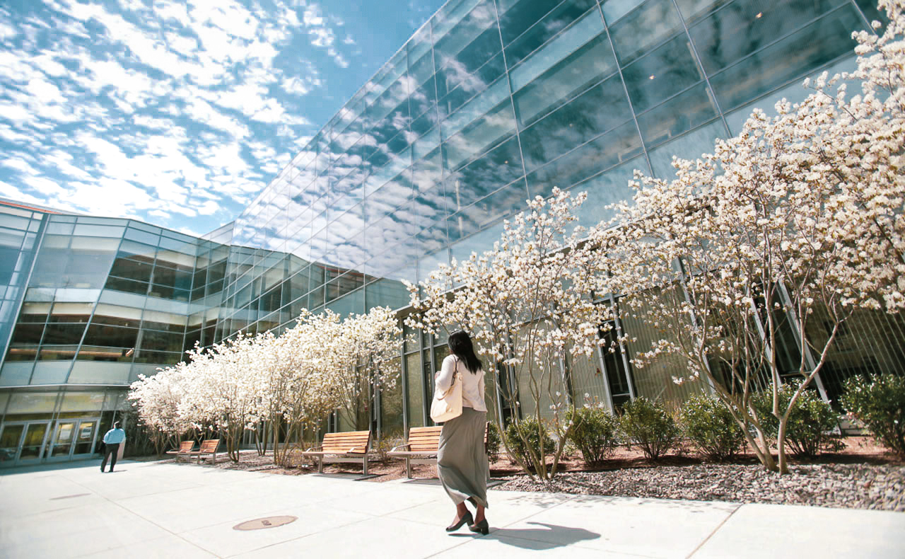 A student walks by the Berry Library on a blue-sky, spring day.