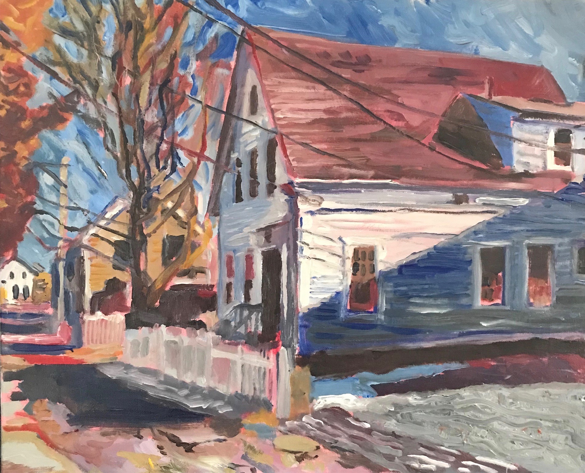 Painting of a house on a snowy street 