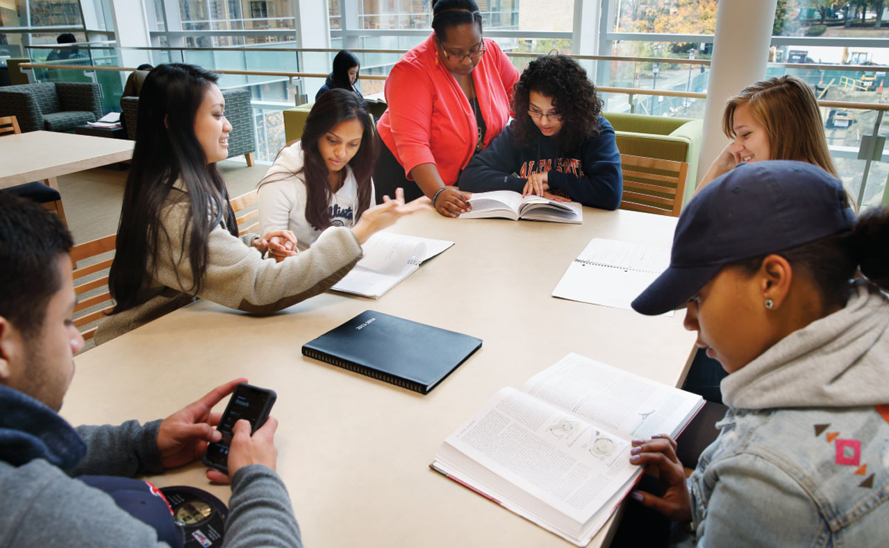 Students working together at the library. 