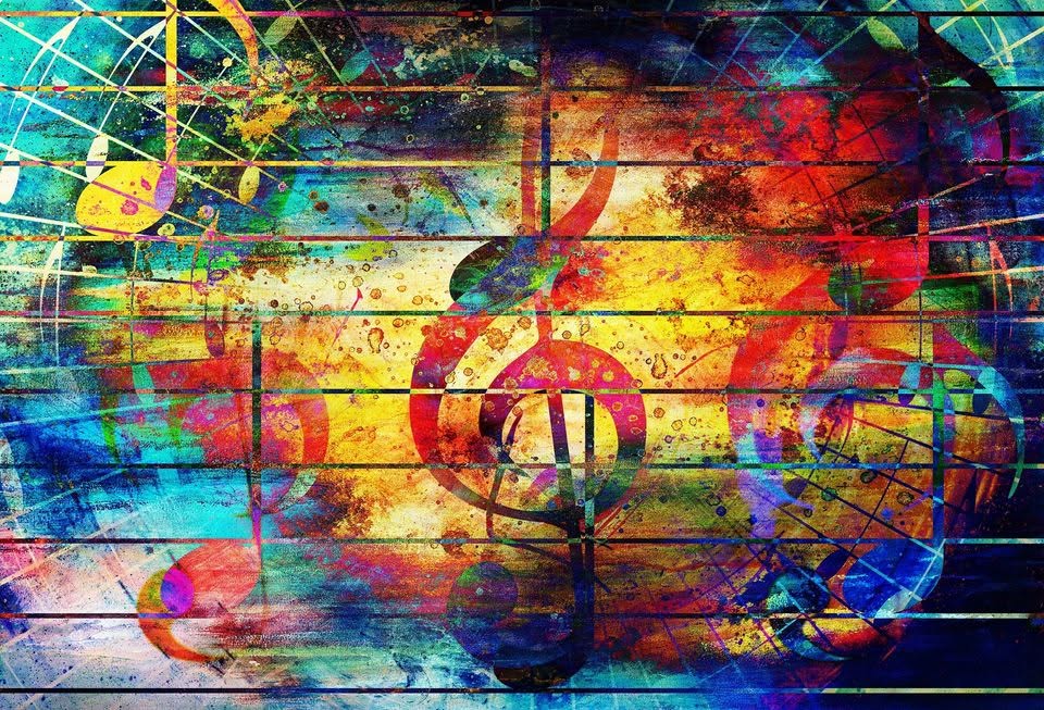 A red g clef on a staff with a multi-colored background