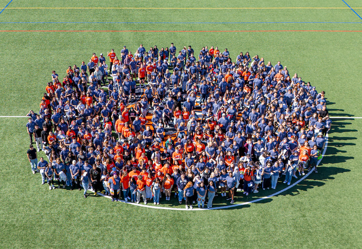 Class of 2029 from above, standing on Alumni Field