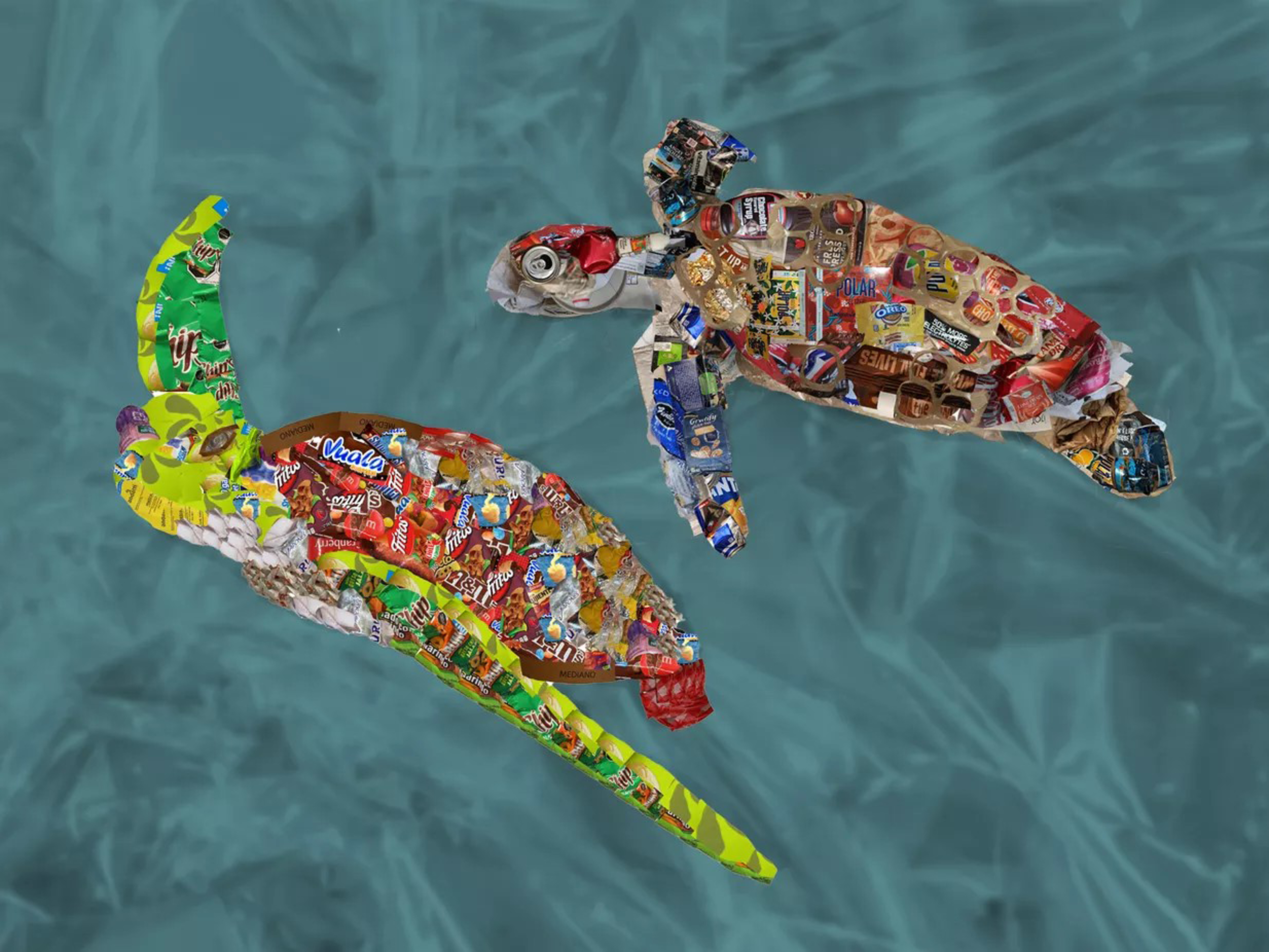 Two turtles covered in bits of trash on a blue gray background