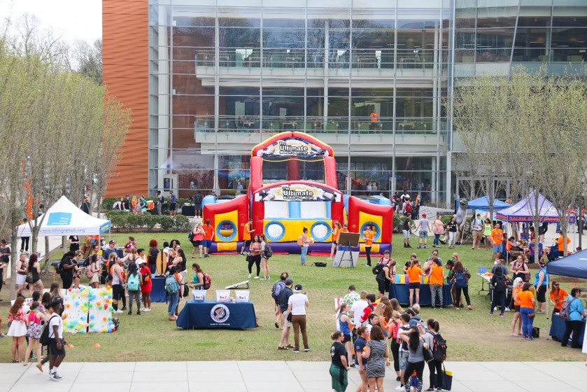 Library quad with people playing carnival games