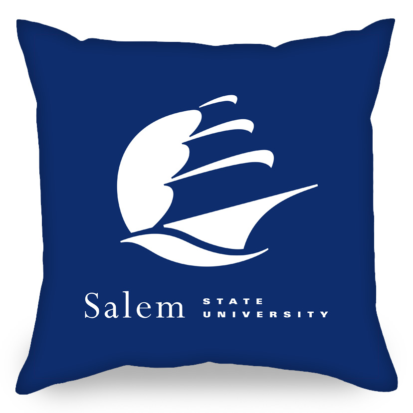 Navy blue pillow with white Clipper Ship and Salem State University text