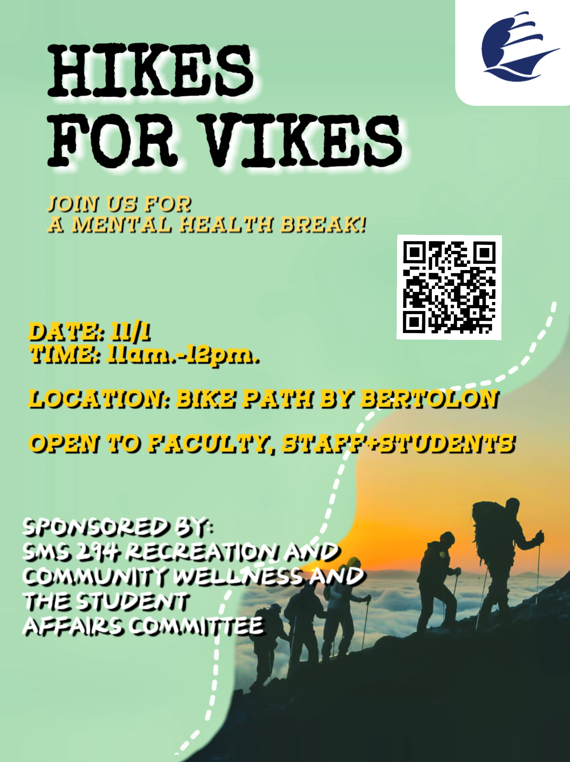 Flyer about Hikes For Vikes with RSVP QR Code