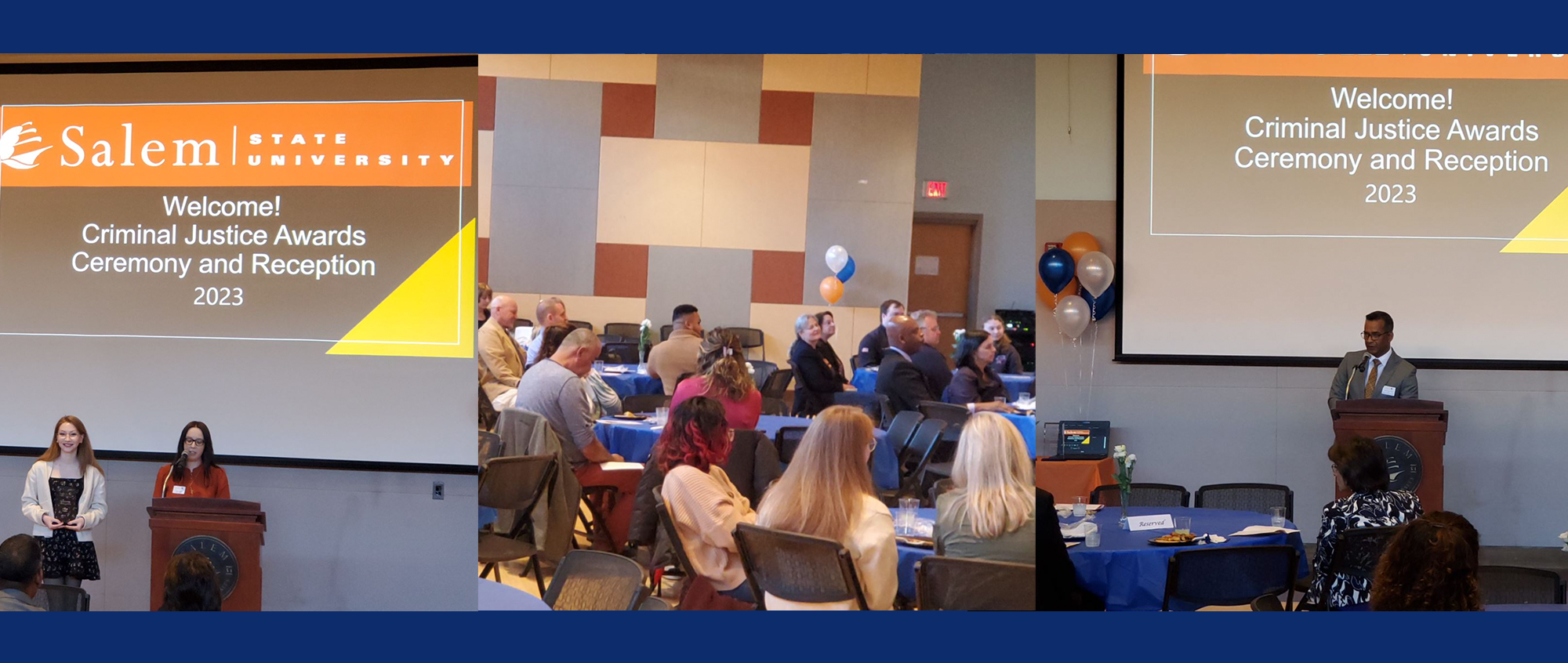 Various presenters stand at a podium and present awards at the Criminal Justice…