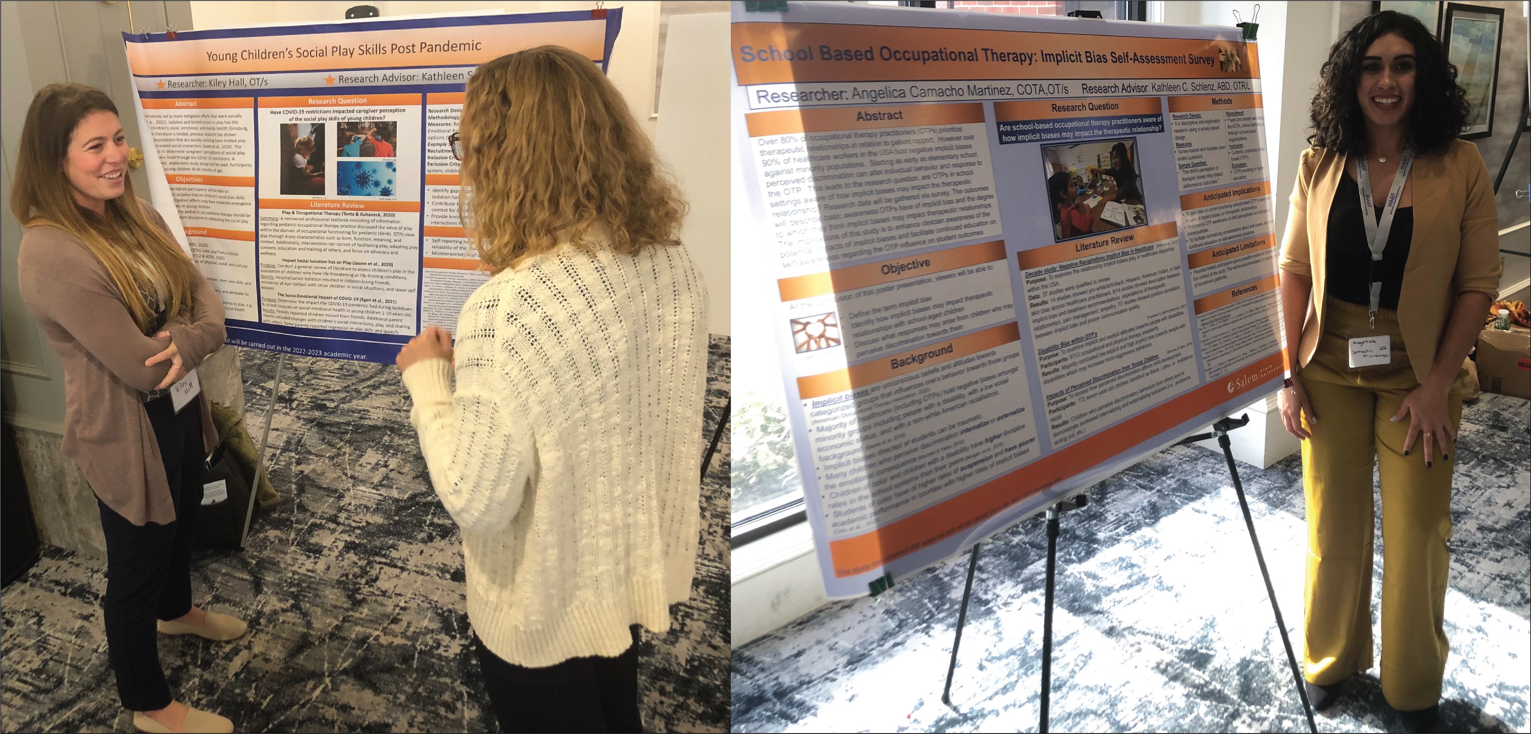 Split image of OT graduate students standing in front of their poster board pre…