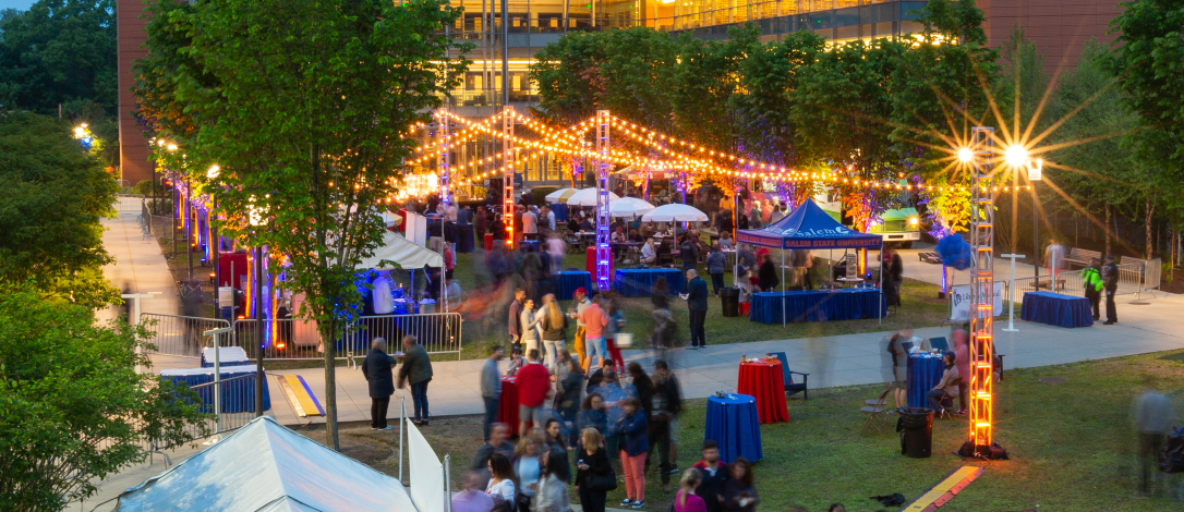 POMP Party on McKeown Plaza at night