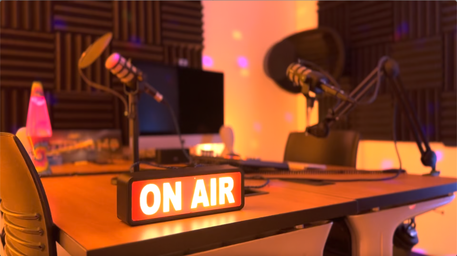 "On Air" Sign in Studio 148's audio corner, with audio equipment in the backgro…