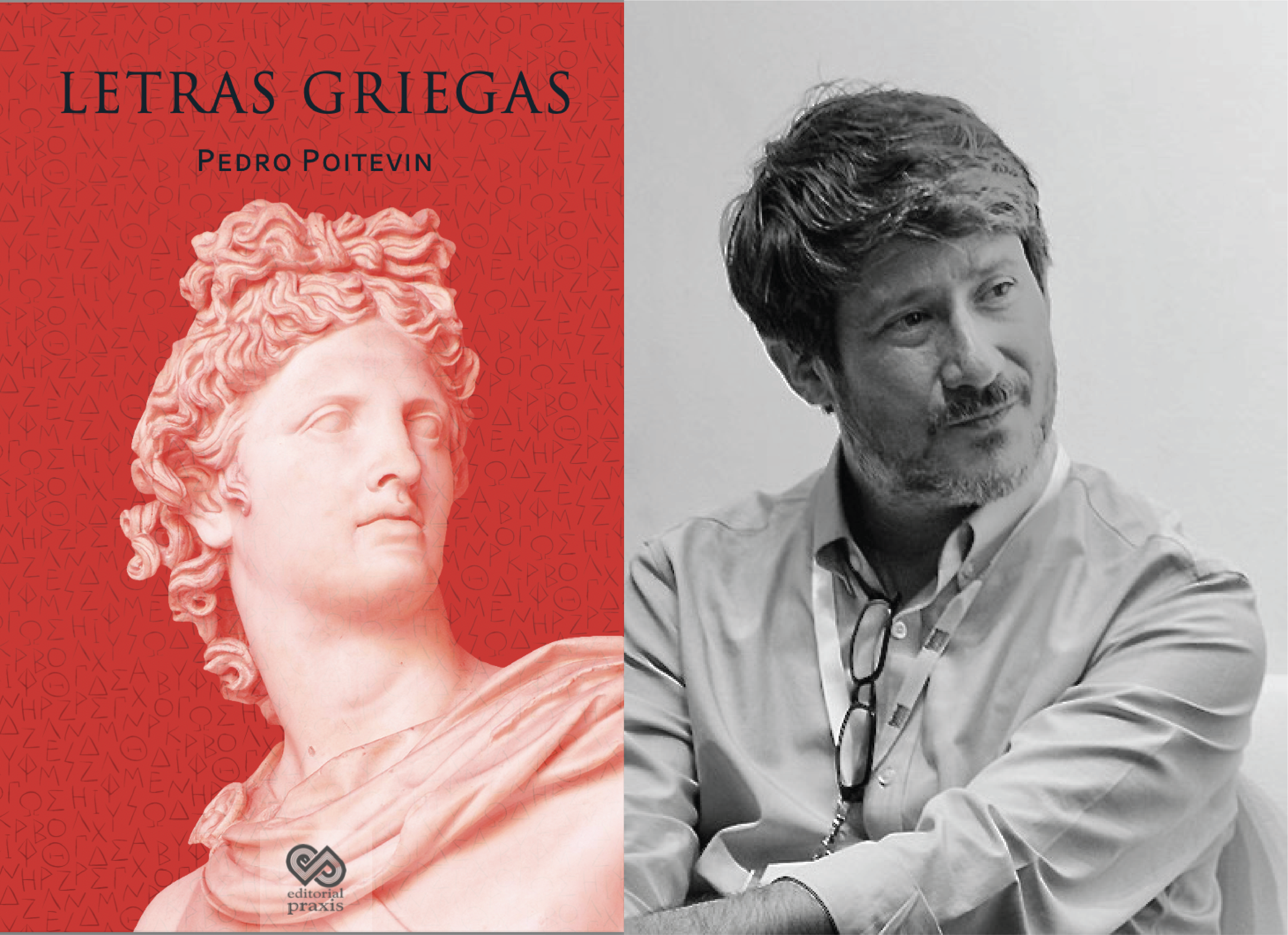 Split image of Letras griegas book cover (left) and Professor Poitevin headshot…