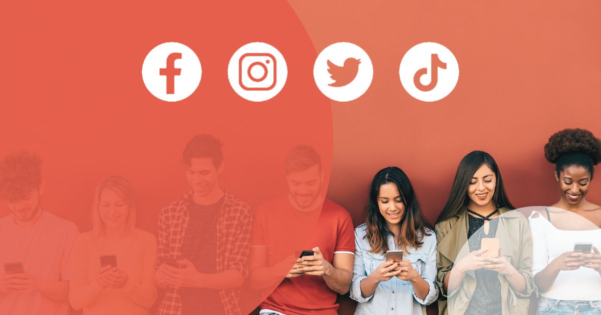 People on their phones stand in front of an orange background under the social …