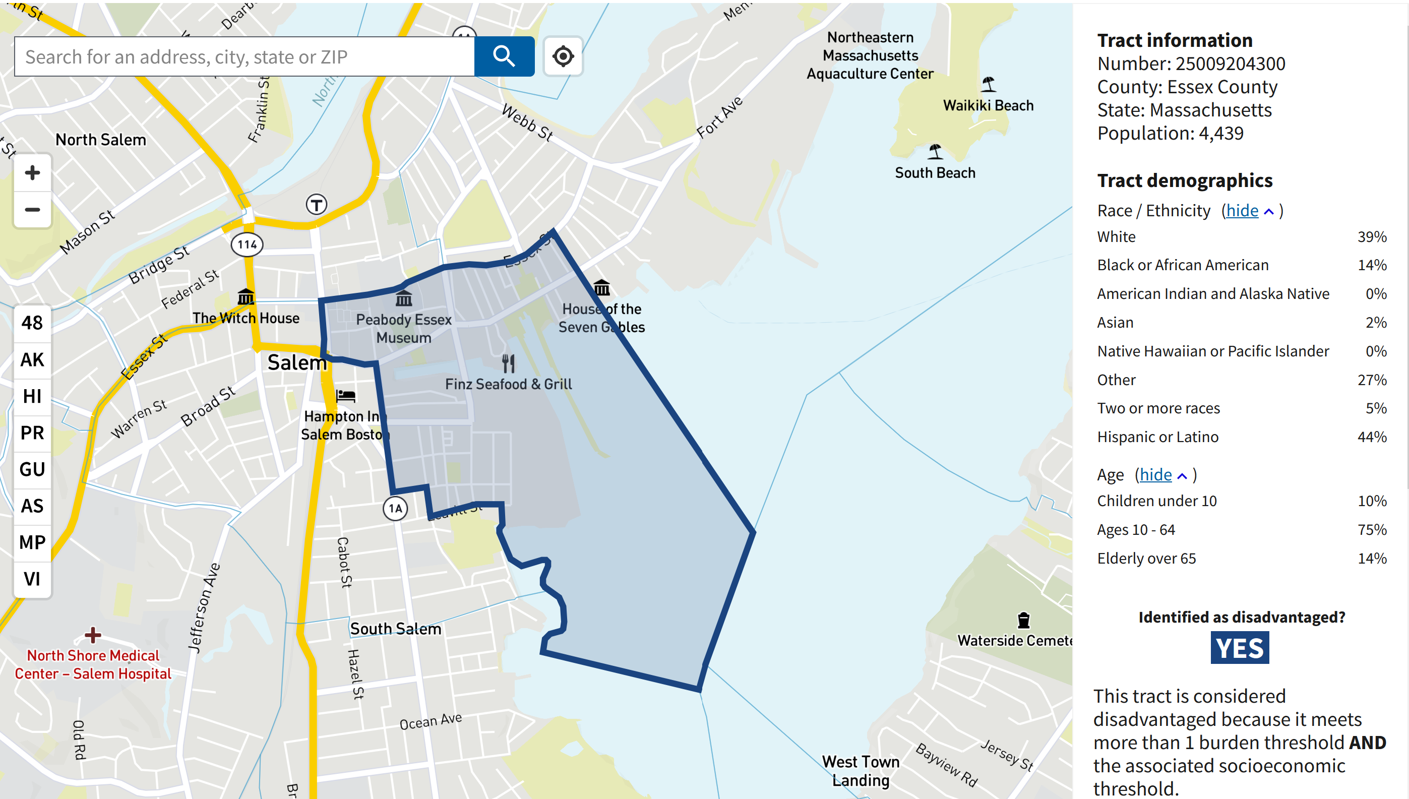 Screenshot of Climate and Economic Justice Screening Tool for Salem