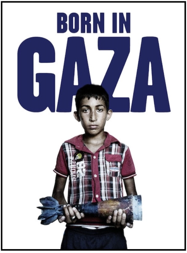 Born in Gaza poster. A child holds a broken missile.