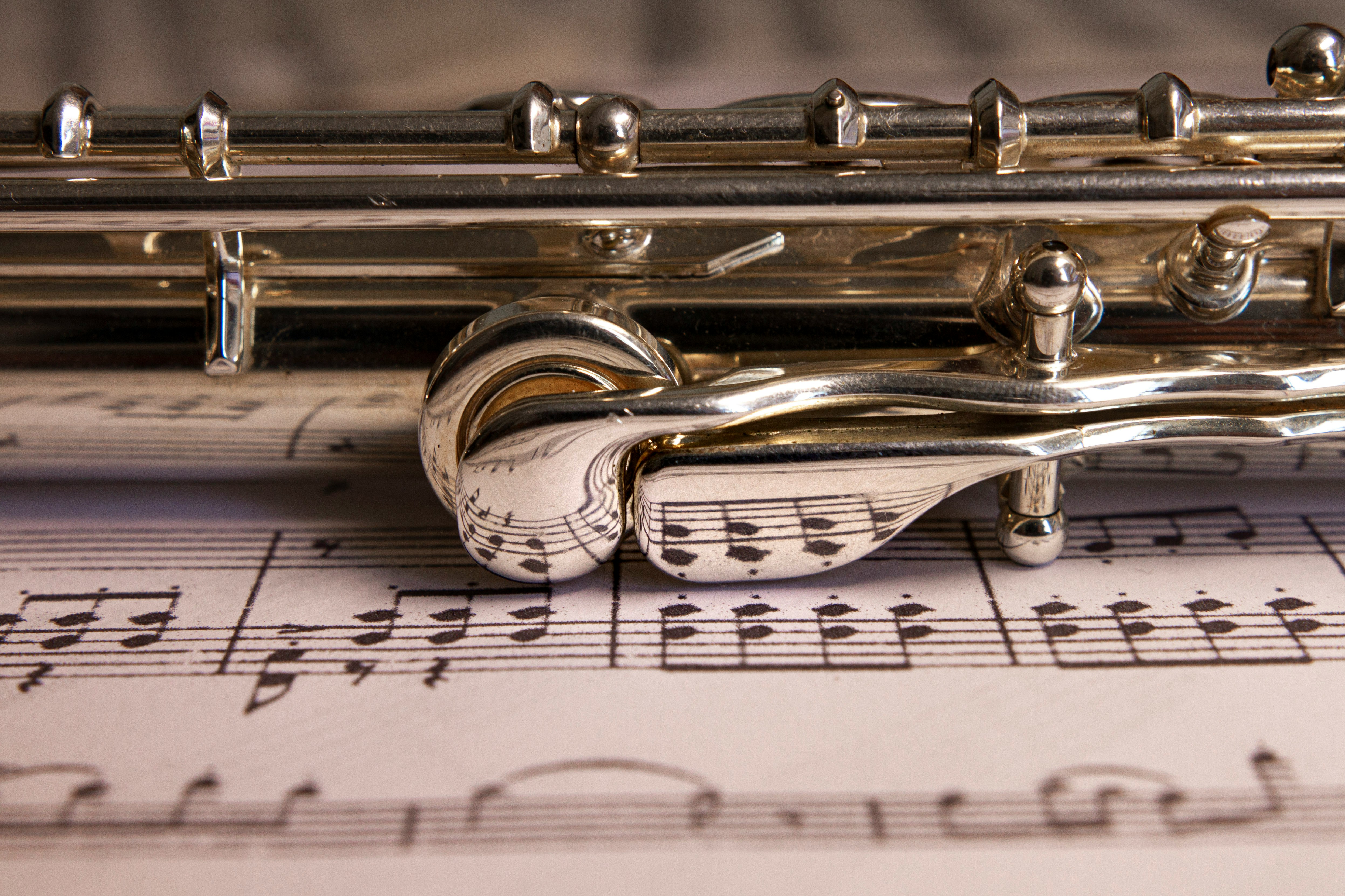 Closeup image of flute on a musical score