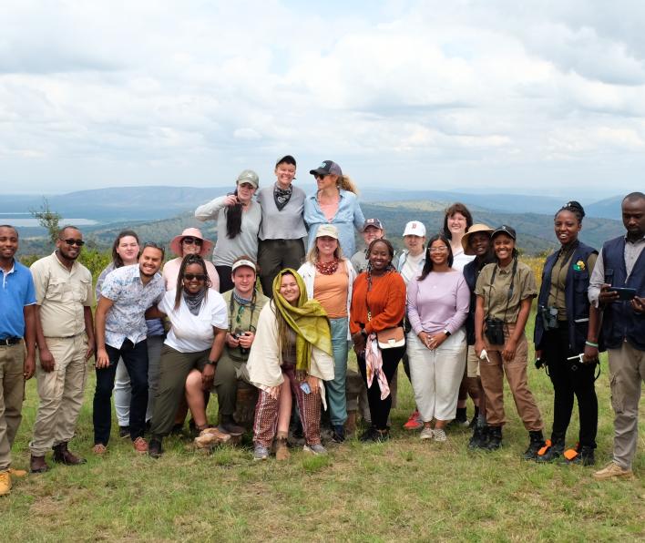 A group picture of SSU students and their guides during a Safari the Akagera National Park