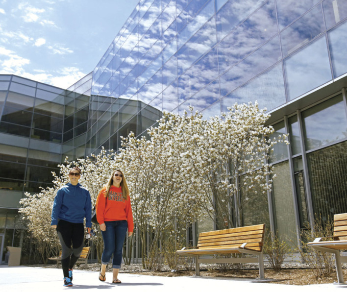 Students walking in front of the library.