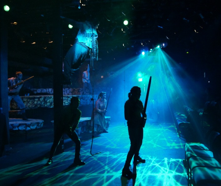 Silhouette in bluish lighting of someone holding a sword during a performance of D'Arc Water at the Callan Studio Theatre.