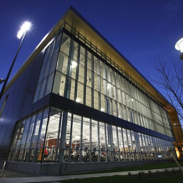 A shot of the Gasett Fitness Center at night. 