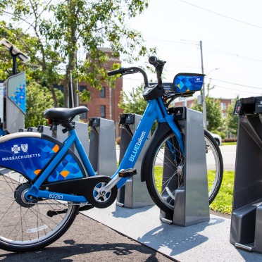 Bluebike parked on Central Campus at Salem State