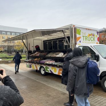 The Salem Pantry pop up truck vending fresh produce on Salem State's campus