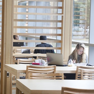 Students at library tables studying