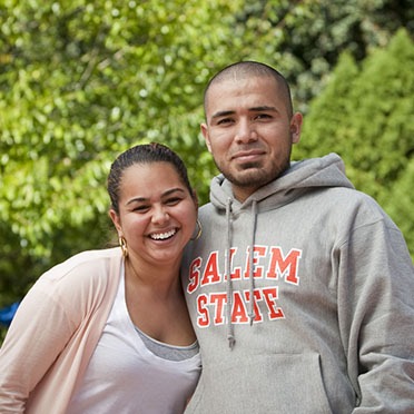 Salem State students enjoying a moment on Alumni Plaza