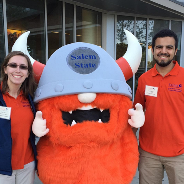 Admissions Ambassadors and the Viking mascot at Open House