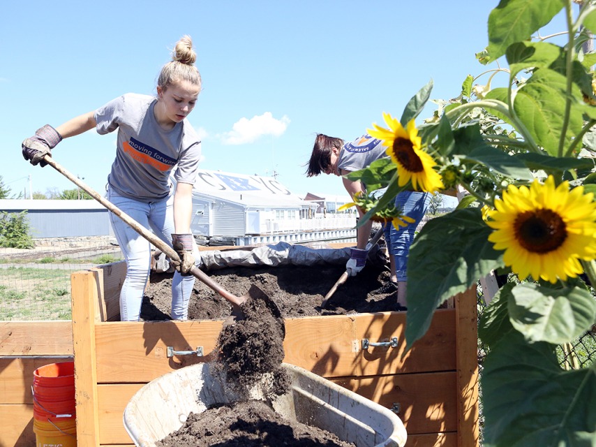 A first year student working on a community garden