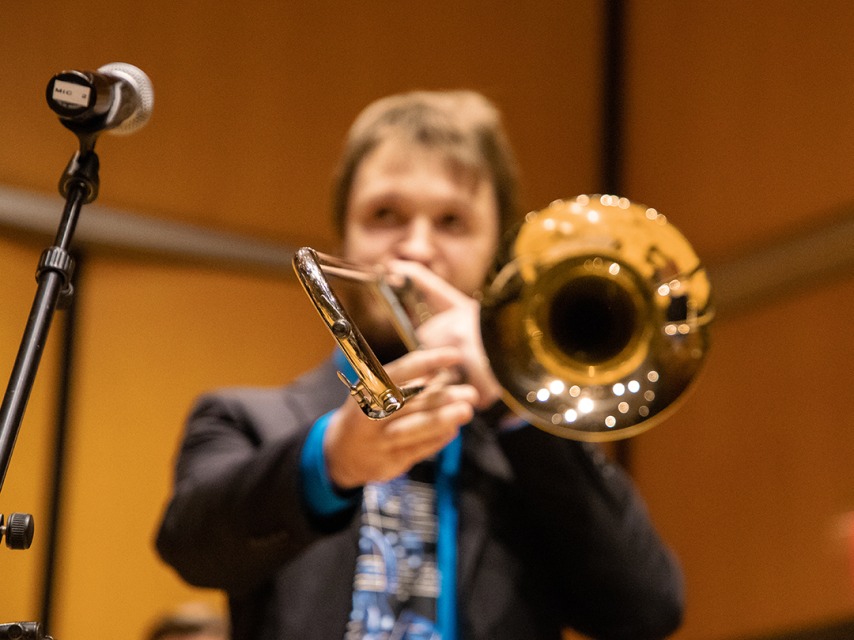 A student performing the trumpet at the Recital Hall