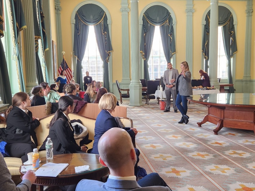Salem State students attend a lecture inside of the Boston Capital building.
