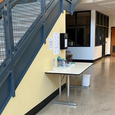 COVID testing supply table on the Harrington campus
