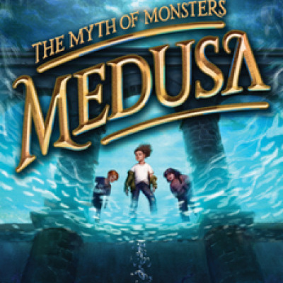 The cover of this book looks like you are looking up from under water where a few tentacles are visible at three children looking down. The top of the cover says: Award-Winning Author of Nowhere Boy Katherine Marsh. Centered on the cover in gold font is the title: The Myth of Monsters Medusa.