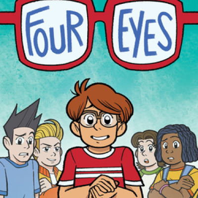 The cover of this book shows a close up of a red pair of glasses with four written on the first lens and eyes written on the second lens. Below the glasses is a white boy wearing classes and a red tee-shirt with his hands clasped. Behind him are four other children looking concerned or snide. The top center of the cover says A graphic novel by Rex Ogle and Dave Valeza.