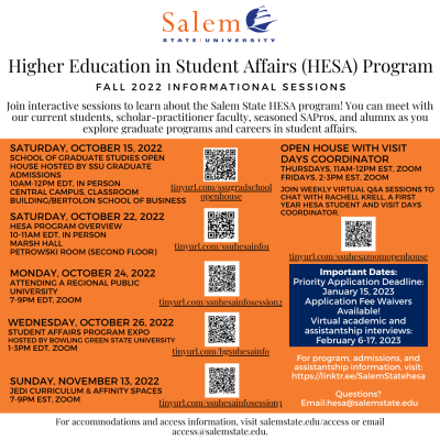Salem State HESA Informational Sessions Dates and Times with Zoom Registration QR Codes