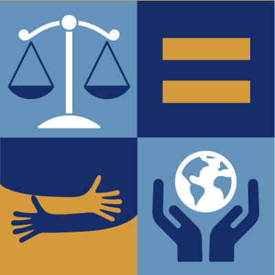A scale, equal sign, hands and globe graphic