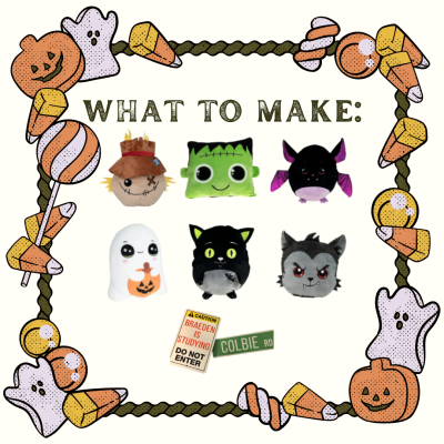 The items available at the event: scarecrow, Frankenstein, bat, ghost holding pumpkin, cat, wolf, and street signs