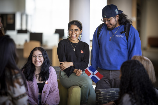 Group of students hanging out in the library