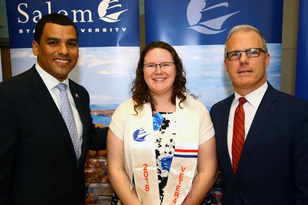 Group photo of Secretary Francisco Urena, a 2018 veteran graduate, and President John Keenan