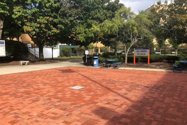 Alumni plaza, an outdoor brick plaza at Salem State