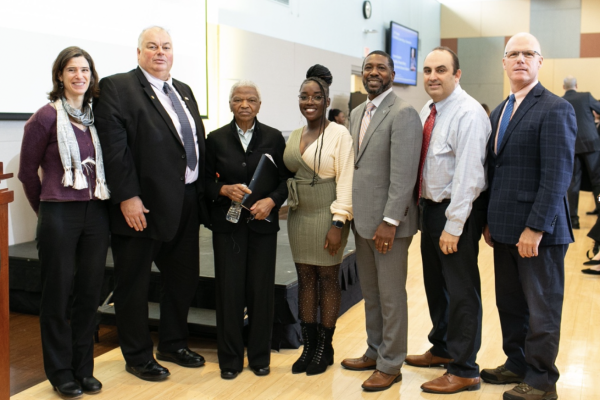 Pictured here: Dr. Keja Valens, Salem Acting Mayor Robert McCarthy, Dr. Mary Frances Berry, Black Student Union Vice President Bettyna Elescar, Dean Shawn Newton, Salem Superintendent of Schools Dr. Stephen Zrike, President John Keenan